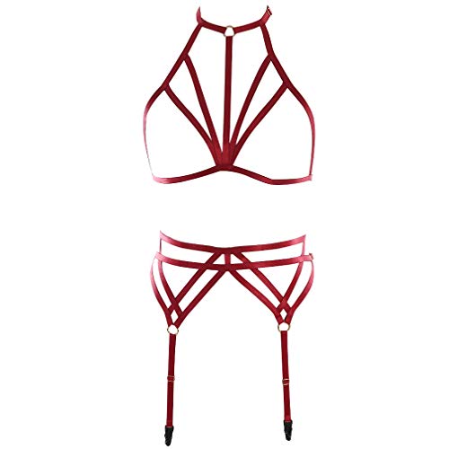 Damen Ganzer Körper ärmelloser BH Straps Harness Rock Strumpfband Set Körper Geschirr Punk Gothic Brust Gürtel Tanzen Halloween-Fest Klassische BHS (Rot) von PETMHS