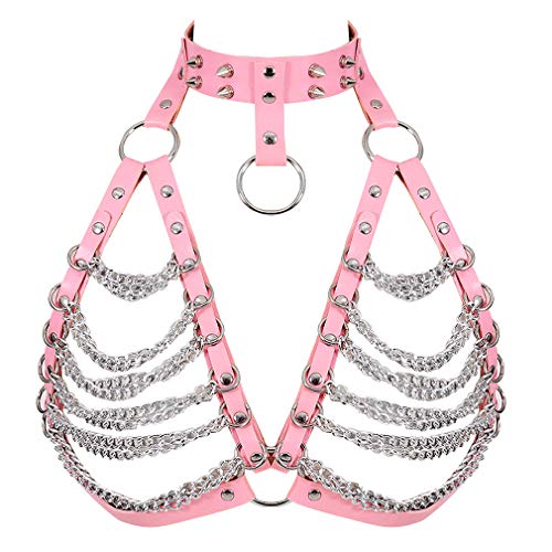 Damen Harness Bra ärmelloser BH Leder Top Punk Gothic Brust Gürtel Hüftgurt für Metallkette (Pink) von PETMHS