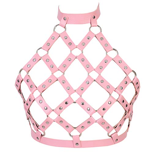 Damen Harness Bra ärmelloser BH Leder Top Punk Gothic Brust Gürtel Leather Body Harness Bra (Pink) von PETMHS