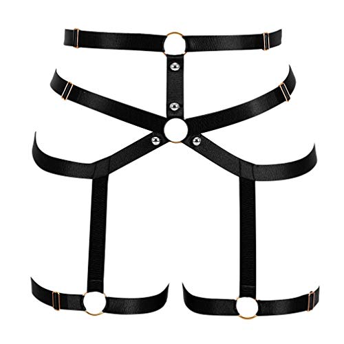 PETMHS Damen Punk Harness Strumpfhalter Gürtel Bein Taille Elastisch Körper Käfig Riemchen Aushöhlen Oberschenkel Strümpfe Strapse Dessous (Black+Gold) von PETMHS