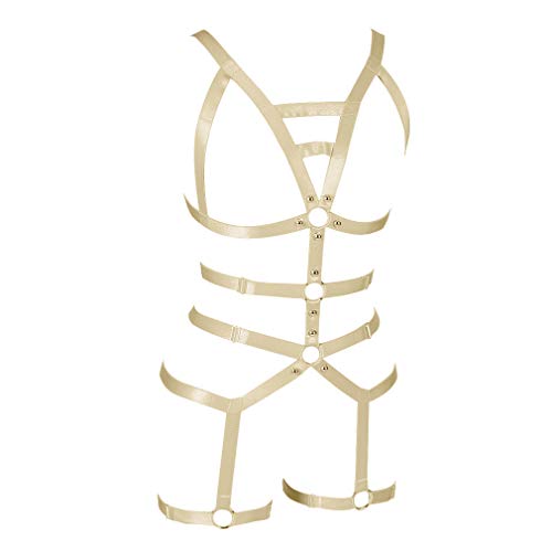 Damen Harness Strappy Ganzer Körper ärmelloser BH Rock Strumpfband Set Körper Geschirr Punk Gothic Brust Gürtel Tanzen Halloween-Fest (Gelb) von PETMHS