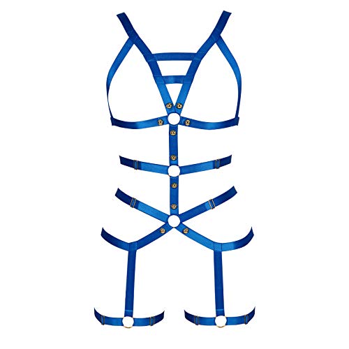 Damen Harness Strappy Ganzer Körper ärmelloser BH Rock Strumpfband Set Körper Geschirr Punk Gothic Brust Gürtel Tanzen Halloween-Fest (Königsblau) von PETMHS