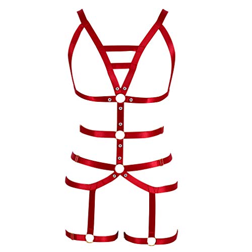 Damen Harness Strappy Ganzer Körper ärmelloser BH Rock Strumpfband Set Körper Geschirr Punk Gothic Brust Gürtel Tanzen Halloween-Fest (Weinrot) von PETMHS