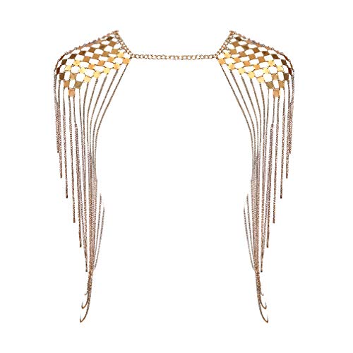Damen Körper Kette Schmuck Frauen Harness Bikini Schulter Halskette Quaste Crossover Bauch Retro Nachtclub Strand Metall Gürtel Edc Club Party Halloween Rave Kostüm (Gold SL0016) von PETMHS