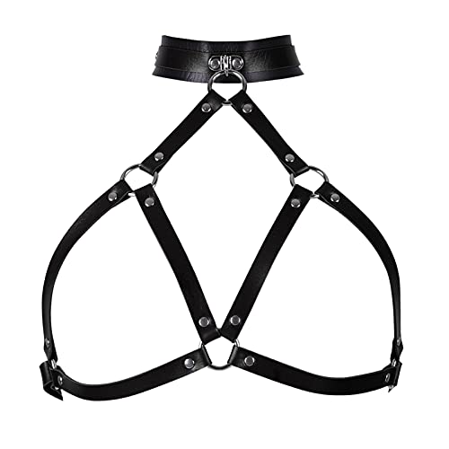 Damen Leder Geschirre Harness Körper kette Schmuck geschirr Punk-Haut-Body für Gothic Brustgurte Brust Gürtel Taille Cupless Lingerie (Schwarz S21) von PETMHS