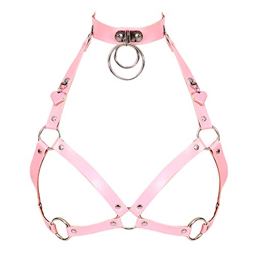 Damen Leder Harness BH Pu Body Caged für Frauen Punk Goth Tops Brust Gürtel Anpassen Plus Size Festival Rave Kostüm (Pink) von PETMHS