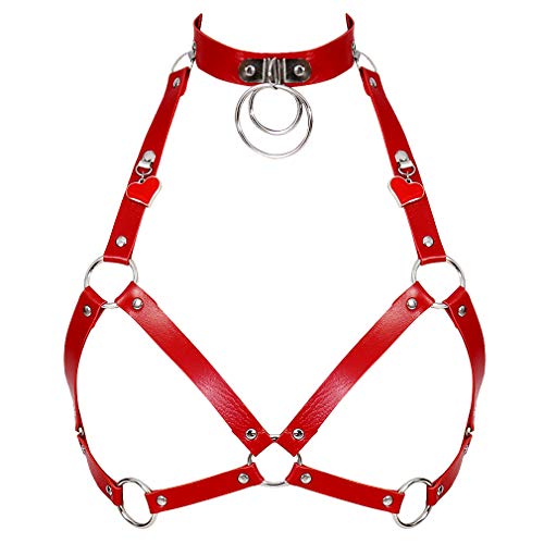 Damen Leder Harness BH Pu Body Caged für Frauen Punk Goth Tops Brust Gürtel Anpassen Plus Size Festival Rave Kostüm (Rot) von PETMHS