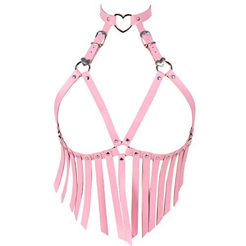 Damen Leder Harness Bra Stretch ärmelloser BH Gesteppter Träger Punk Gothic Gürtel (Pink) von PETMHS