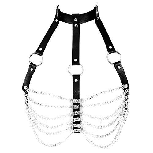 Damen Leder Harness Metall Kette Stretch ärmelloser BH Gesteppter Träger Tanzen Festival Karneval Tragen Punk Gothic Gürtel (Schwarz) von PETMHS