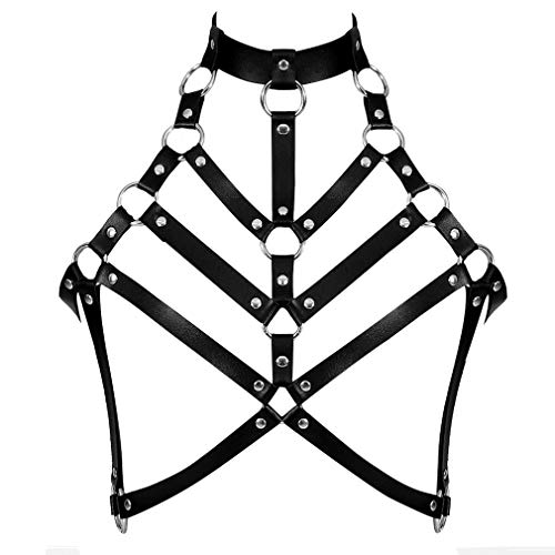 Damen Leder Harness ärmelloser BH Gesteppter Träger Tanzen Festival Karneval Tragen Punk Gothic Gürtel (Schwarz) von PETMHS