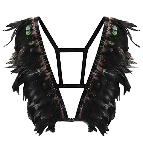 Damen Punk Gürtel Brustgurt Harness Feder Epaulette Mit Federn Schulterflügel Schulter Flügel Körper Kabelbaum BH Ärmellos Sling Top Hohl BH Punk Gothic Feder Flügel Dance Rave Wear (Schwarz A) von PETMHS