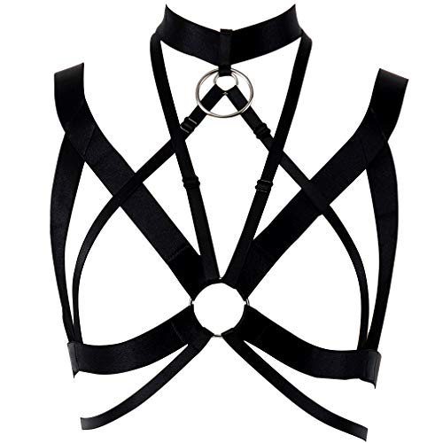 Damen Punk Harness Körper ärmelloser BH Straps Korsett Rock Strumpfband Gürtel Brustgurt Geschirr Gothic Tanzen Halloween-Fest Klassische BHS (Schwarz-Silber O-Kreis) von PETMHS