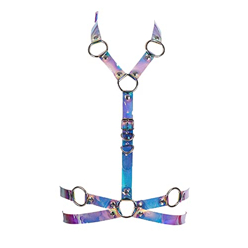 Damen Punk Leder BH Körperketten Schwarz Gürtel Kette Strand Voll Rahmen Taille Käfig Edc Brustgeschirr Charm Party Club Rave Körper Zubehör Schmuck für Leather body harness (Laser bunt) von PETMHS