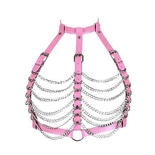 Damen Punk Leder Schichtung Quaste Körperkette Aushöhlen BH Breast Goth Gürtel Kette Strand Voll Rahmen Taille Käfig Brustgeschirr Charm Party Club Rave Schmuck BHs Body chain (Rosa) von PETMHS