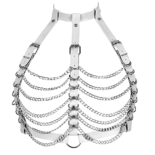 Damen Punk Leder Schichtung Quaste Körperkette Aushöhlen BH Breast Goth Gürtel Kette Strand Voll Rahmen Taille Käfig Brustgeschirr Charm Party Club Rave Schmuck BHs Body chain (Weiß) von PETMHS