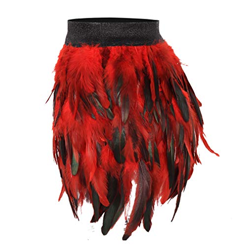 Frauen Feder Rock Körpergeschirr Mittlere Taille Mini A-line Rock Mode Käfig Dessous Gothic Rave Wear (D Rot PG0169, M) von PETMHS