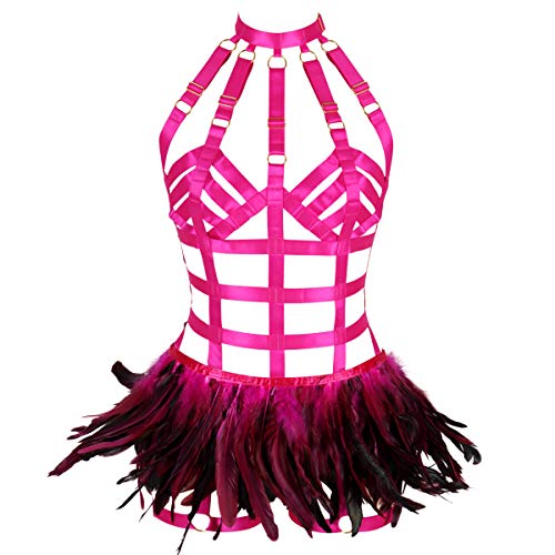 Frauen Punk Rock Harness Körper Federn Strumpfband Gürtel Elastic Dance Halloween Rave Kleidung (Rosenrot) von PETMHS