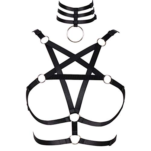 PETMHS Body Harness BH Pentagramm Punk Top Plus Size Damenriemen Hollow Out Halfter Elastic Goth Rave Gürtel (Schwarz) von PETMHS