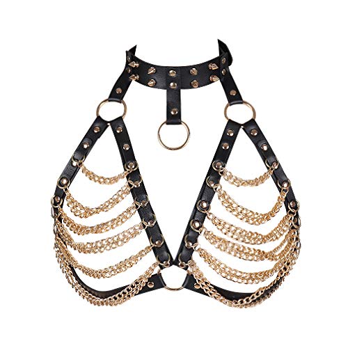 Damen Punk Leder Körper Brustgeschirr Hohl Out Gurt Verstellbar Übergröße Festival Rave Kostüm Gr. One size, Schwarz / Gold von PETMHS