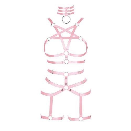 PETMHS Damen Body Harness Punk Full Cage Dessous Strappy Hollow BH und Strumpfband Gürtel Set Harajuku Gothic Festival Rave Wear (Rosa) von PETMHS