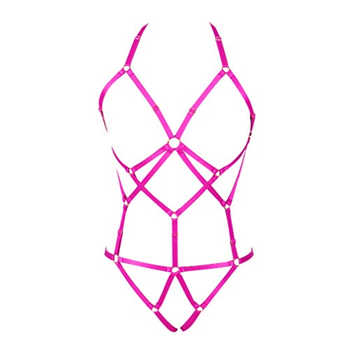 PETMHS Damen Body Harness Straps Elastic Riemchen Full Cage Body Harness Dessous Strumpfband Set Strap Hohl Top BH Punk Gothic Festival Wear (Rosenrot) von PETMHS