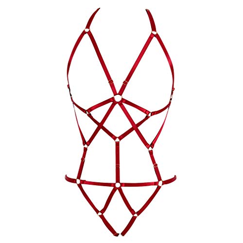 PETMHS Damen Body Harness Straps Elastic Riemchen Full Cage Body Harness Dessous Strumpfband Set Strap Hohl Top BH Punk Gothic Festival Wear (Rotwein) von PETMHS