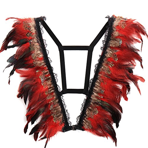 PETMHS Damen Feder Harness BHS Epaulette Schulter Flügel Körper Kabelbaum BH Ärmellos Sling Tops Hohl BH Punk Gothic Bralette (Rot A) von PETMHS