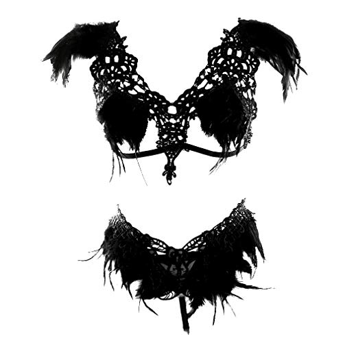 PETMHS Damen Feder Set Geschirr Käfig BH Plus Size Punk Gothic Festival Karneval Kunst Kostüm (Black) von PETMHS