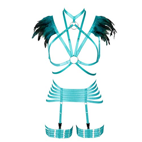 PETMHS Damen Feder Set Geschirr Käfig BH Plus Size Punk Gothic Festival Karneval Kunst Kostüm (Blau) von PETMHS