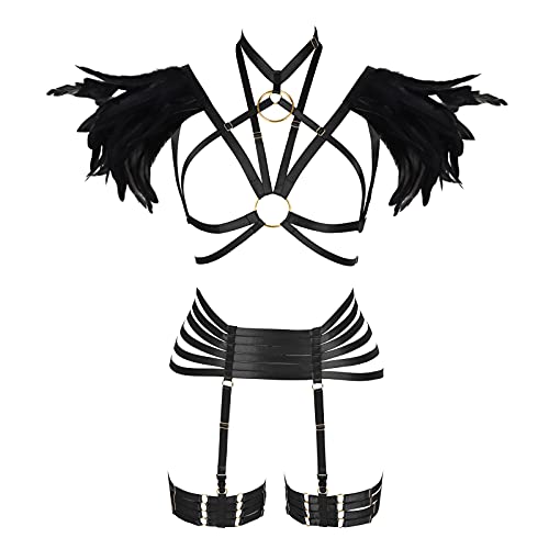 PETMHS Damen Feder Set Geschirr Käfig BH Plus Size Punk Gothic Festival Karneval Kunst Kostüm (Schwarz lang) von PETMHS