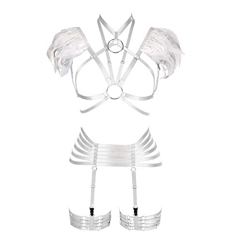 PETMHS Damen Feder Set Geschirr Käfig BH Plus Size Punk Gothic Festival Karneval Kunst Kostüm (Weiß) von PETMHS