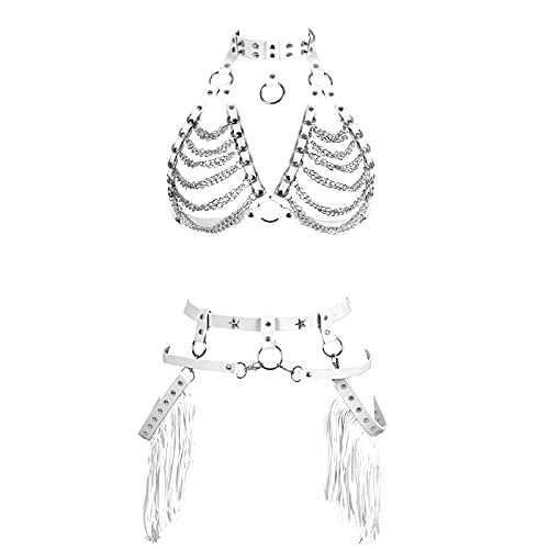 PETMHS Damen Frauen Taille Geschirr Leder Gürtel Metallkette Körper Quaste Punk Festival Tanz Rave Kostüme Pu Strumpfgürtel (Weiß) von PETMHS