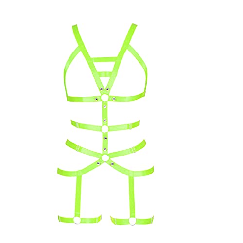 PETMHS Damen Ganzer Körper ärmelloser BH Punk Goth Harness Ganzkörpergurt Strapsgürtel Strümpfe Dessous Elastischer Strapsgürtel Straps (Leuchtendes Grün) von PETMHS