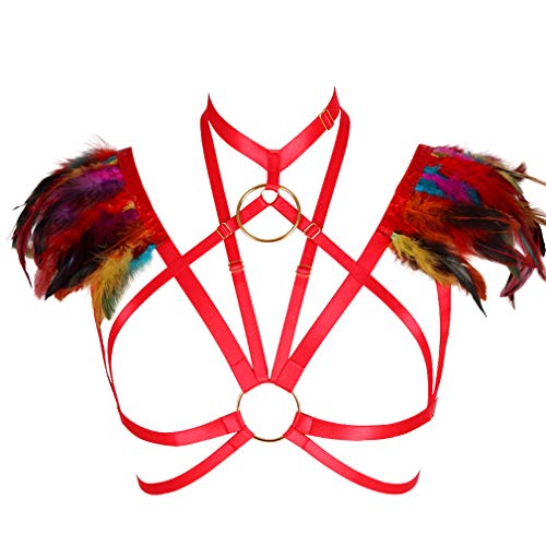 PETMHS Damen Harness Frauen Gothic Feather Einstellbare Body Caged BH Stil Dessous Sling Ganzkörper Feder Bralette Riemchen Ganzkörper Set Festival Rave Halloween Burning Man Wing (Mehrfarbig) von PETMHS