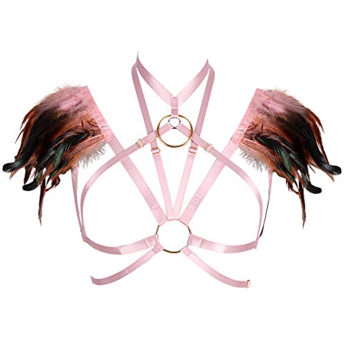 PETMHS Damen Harness Frauen Gothic Feather Einstellbare Body Caged BH Stil Dessous Sling Ganzkörper Feder Bralette Riemchen Ganzkörper Set Festival Rave Halloween Burning Man Wing (Rosa) von PETMHS