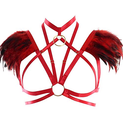 PETMHS Damen Harness Frauen Gothic Feather Einstellbare Body Caged BH Stil Dessous Sling Ganzkörper Feder Bralette Riemchen Ganzkörper Set Festival Rave Halloween Burning Man Wing (Rot) von PETMHS