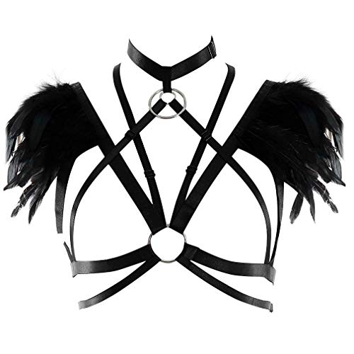 PETMHS Damen Harness Frauen Gothic Feather Einstellbare Body Caged BH Stil Dessous Sling Ganzkörper Feder Bralette Riemchen Ganzkörper Set Festival Rave Halloween Burning Man Wing (Schwarz) von PETMHS