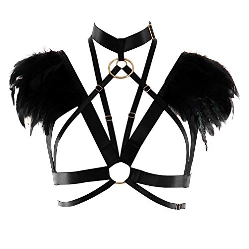 PETMHS Damen Harness Frauen Gothic Feather Einstellbare Body Caged BH Stil Dessous Sling Ganzkörper Feder Bralette Riemchen Ganzkörper Set Festival Rave Halloween Burning Man Wing (Schwarzes Gold) von PETMHS