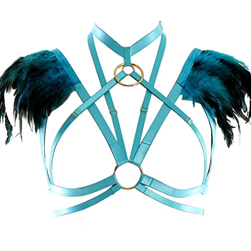 PETMHS Damen Harness Frauen Gothic Feather Einstellbare Body Caged BH Stil Dessous Sling Ganzkörper Feder Bralette Riemchen Ganzkörper Set Festival Rave Halloween Burning Man Wing (Smaragdgrün) von PETMHS