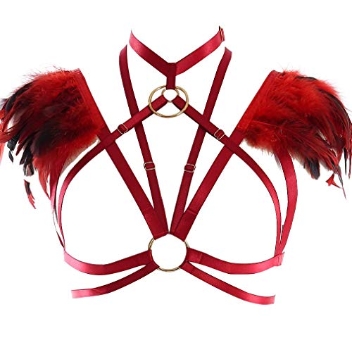 PETMHS Damen Harness Frauen Gothic Feather Einstellbare Body Caged BH Stil Dessous Sling Ganzkörper Feder Bralette Riemchen Ganzkörper Set Festival Rave Halloween Burning Man Wing (Weinrot) von PETMHS