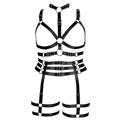 PETMHS Damen Harness Strumpfgürtel Set für Damen Plus Size Gothic Pentagramm Riemchen Body Cage Aushöhlen BH Punk Kleidung (Schwarz 11+11) von PETMHS