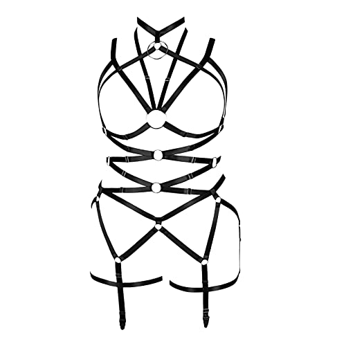 PETMHS Damen Harness Strumpfgürtel Set für Damen Plus Size Gothic Pentagramm Riemchen Body Cage Aushöhlen BH Punk Kleidung (Schwarz 5) von PETMHS