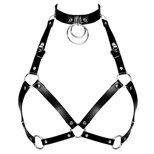 PETMHS Damen Leder BH Punk Goth Tops Cage Cupless Bralette Größe ändern Festival Rave Kostüm Body Harness Taillengurt (Schwarz) von PETMHS