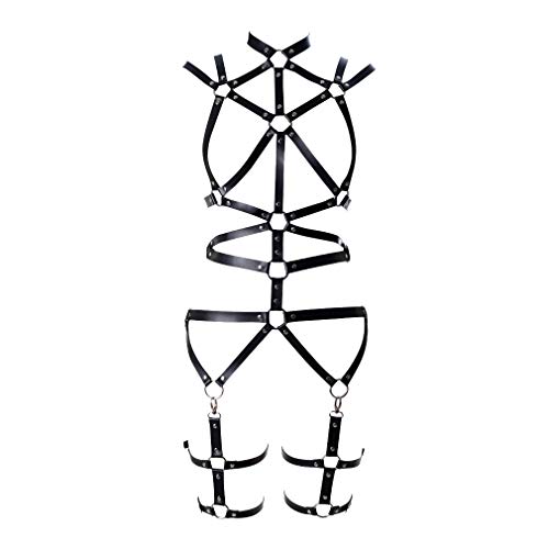PETMHS Damen Leder Body Chest Harness Dessous Full Garter Gürtel Set Riemen Aushöhlen Bandage Punk Goth Halloween Rave Wear (Schwarz) von PETMHS