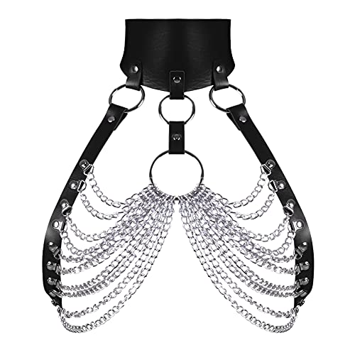 PETMHS Damen Leder Geschirre Harness Körper Kette Schmuck Geschirr Punk-Haut-Body für Gothic Brustgurte Brust Gürtel Taille Cupless Lingerie (Schwarz S2) von PETMHS