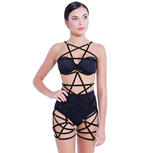 PETMHS Damen Pentagramm Harness Body Ganzkörpergeschirr Strumpfband Gürtel Riemchen Dessous Elastischer Strapsgürtel Punk Gothic Dance Rave Kostüm (schwarz) von PETMHS