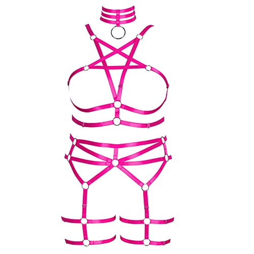 PETMHS Damen Plus Size Body Harness BHS Strumpfhalter Dessous Punk Korsett Brust Körper Geschirr Aushöhlen Fesseln Bustiers Korsagen Goth Rave Mode Accessoires (Rose Rot) von PETMHS