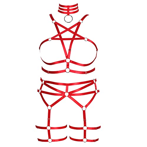 PETMHS Damen Plus Size Body Harness BHS Strumpfhalter Dessous Punk Korsett Brust Körper Geschirr Aushöhlen Fesseln Bustiers Korsagen Goth Rave Mode Accessoires (rot) von PETMHS