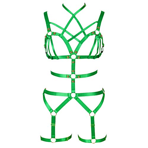 PETMHS Damen Punk Body Harness Belt Dessous Cut Out Körper Voll Riemchen Dessous Garter Belts Taille Strumpfgürtel Set Elastizität Bralette Goth Halloween Club Party Tanz Rave Wear (Gras-Grün) von PETMHS
