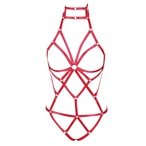 PETMHS Damengurt Body Harness Dessous Full Caged Taille Strumpfgürtel Set Riemchenrahmen Bralette Punk Goth Halloween Club Party Dance Rave Wear (rot) von PETMHS